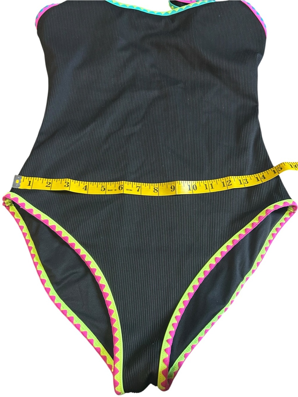 POPVIL Ribbed Black Neon Trim One Piece Swimsuit Size L - Picture 4 of 11